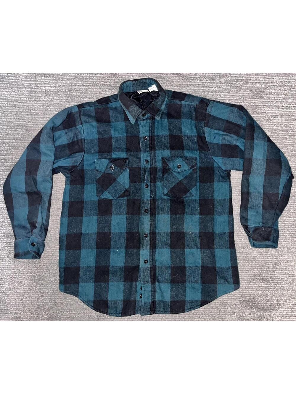 VTG Field & Stream Blue Plaid Quilted-Lined Flannel Shacket Made in USA Mens L